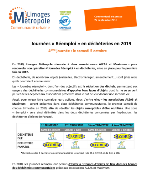 Limoges Métropole – Prochaine journée réemploi en déchèterie le samedi 5 octobre 2019
